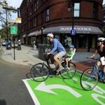 A ?bike box? was recently painted at the intersection of Beacon, Webster and Centre streets in Brookline, giving cyclists a head start atthe traffic lights.