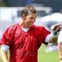 Foxborough-8/04/17- The Patriots held their training camp at Gillette Stadium. QB Tom Brady smiles as he points to fans at the end of practice walking off the field. - John Tlumacki/Globe Staff(sports)