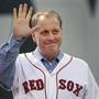 05/28/14: Boston, MA: Before the game, the Red Sox honored the tenth anniversary of the 2004 World Series Championship team. Pitcher Curt Schilling, who is battling cancer acknowledges the cheers of the crowd as he walks in from leftfield. The Boston Red Sox hosted the Atlanta Braves in an interleague MLB game at Fenway Park. (Jim Davis/Globe Staff) section: sports topic: Red Sox-Braves(1)