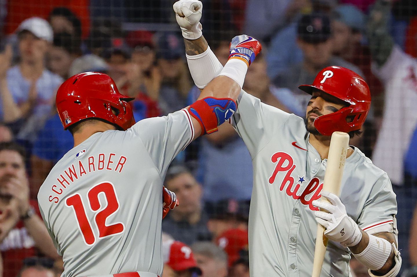 Kyle Schwarber celebrated with Phillies teammate Nick Castellanos in the fifth inning after blasting his second home run of the night.