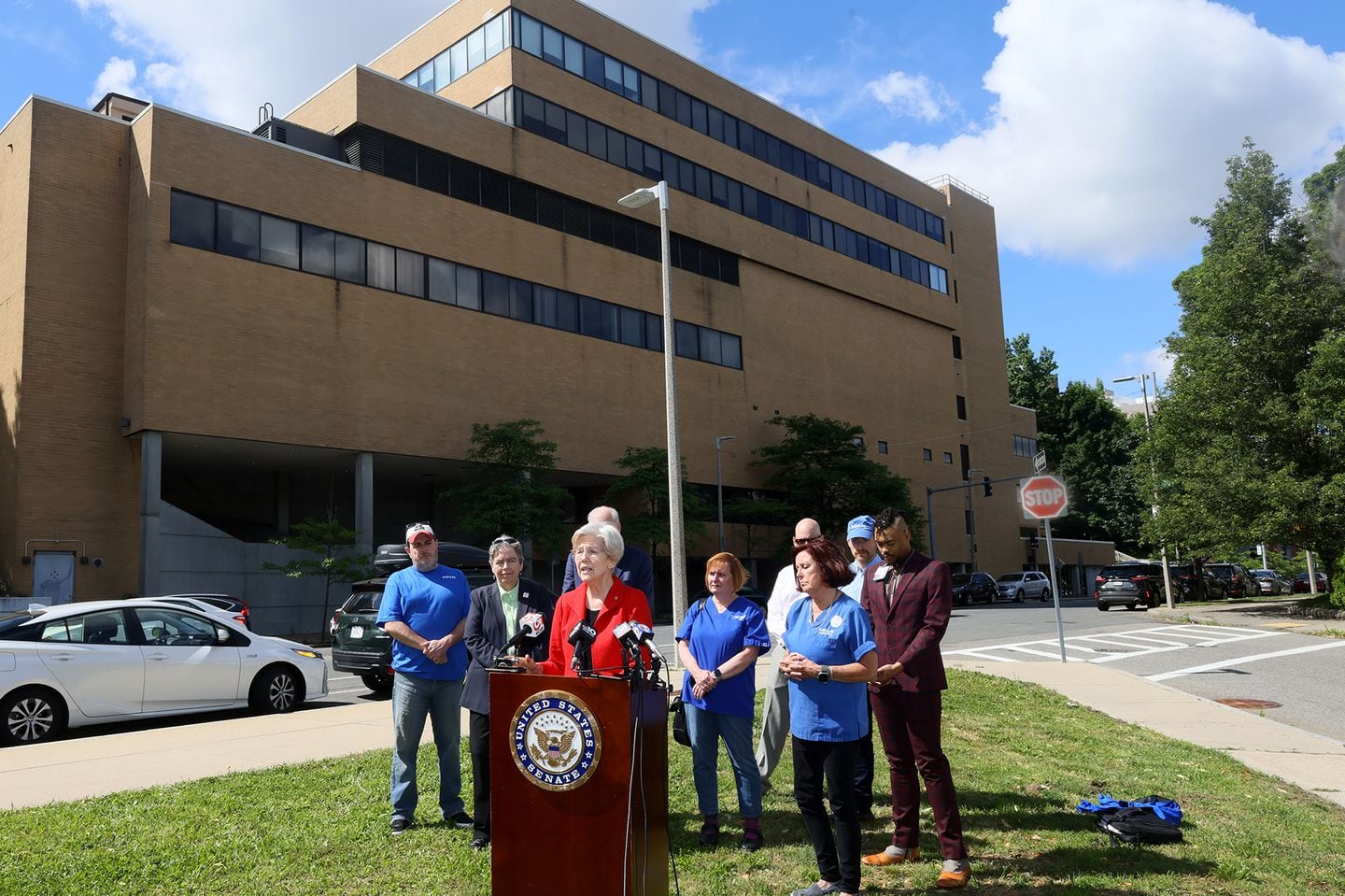 Senator Elizabeth Warren spoke outside St. Elizabeth’s Medical Center — a Steward hospital.