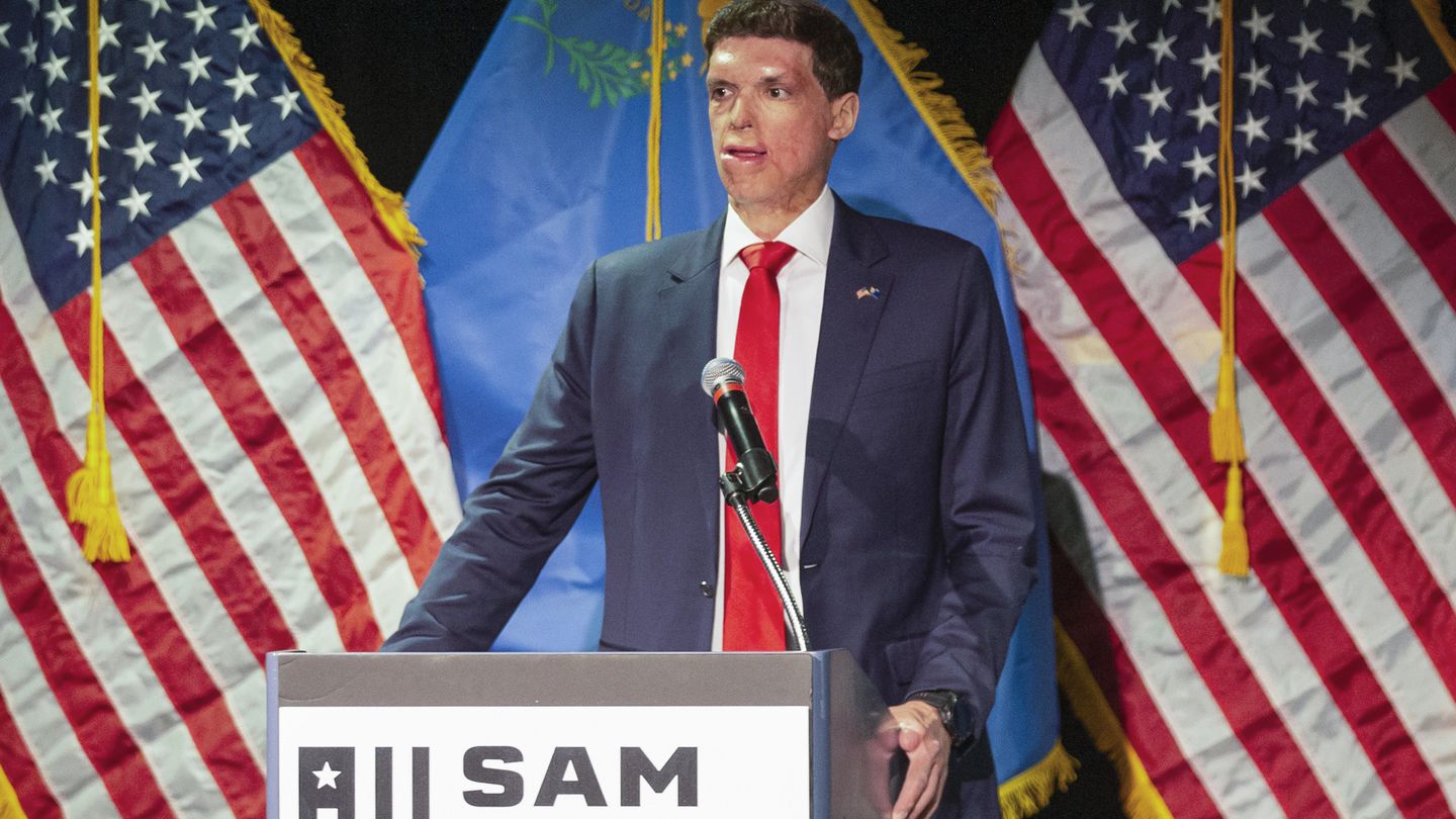 Republican senatorial candidate Sam Brown speaks at an election night party, June 11, in Reno, Nev.