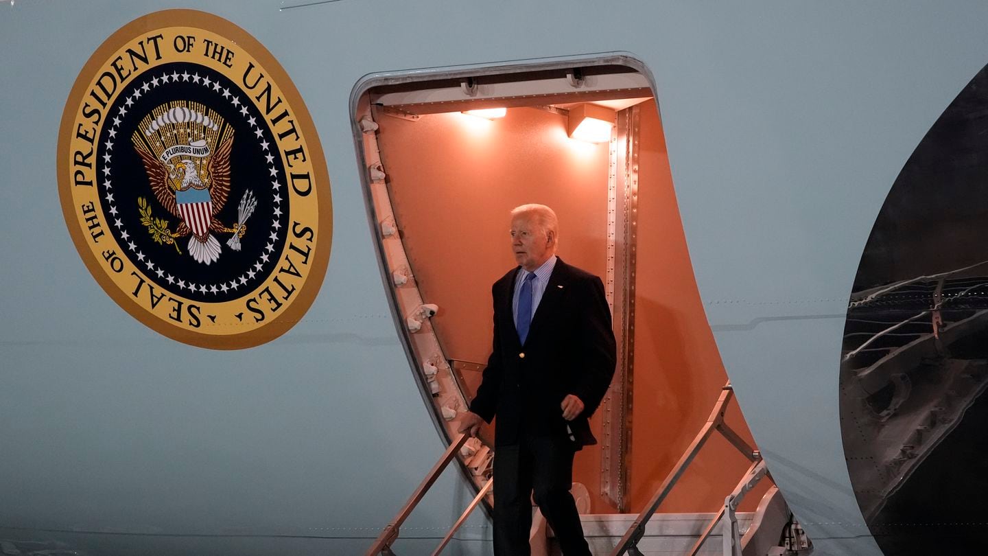 President Joe Biden exits Air Force One at Brindisi International Airport, Wednesday, in Brindisi, Italy, for a meeting of the Group of Seven major industrial democracies.