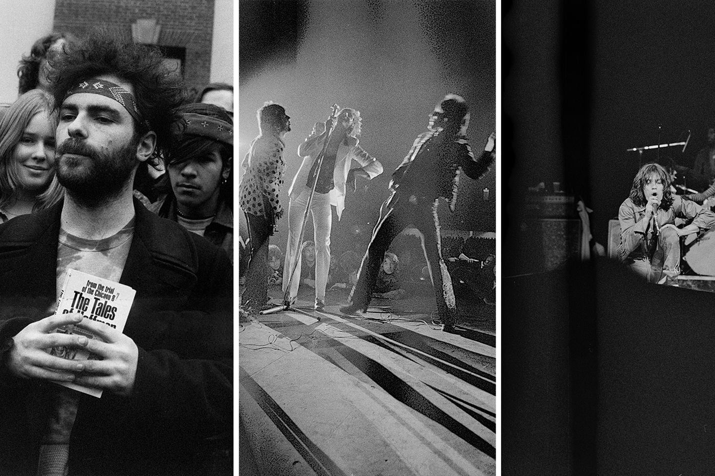 (L-R) Jerry Rubin in Cambridge, The Faces on stage,The Rolling Stones Tour Mick Jagger on stage (Charles Daniels) 