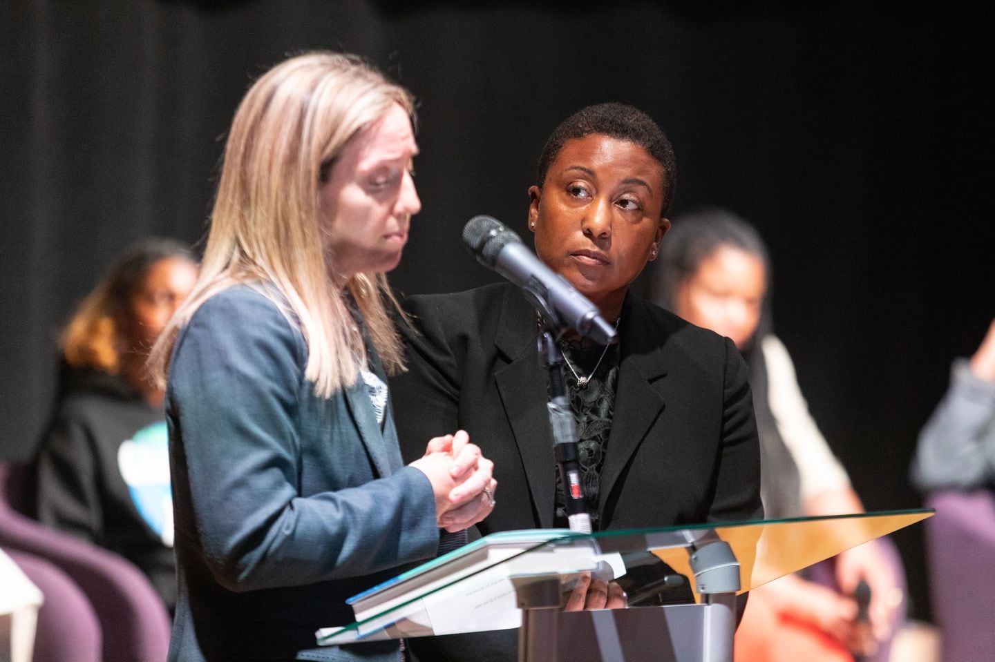 Louise Story (left) and Ebony Reed, authors of "Fifteen Cents on the Dollar: How Americans Made the Black-White Wealth Gap," during a Q&A session in Boston on May 30.