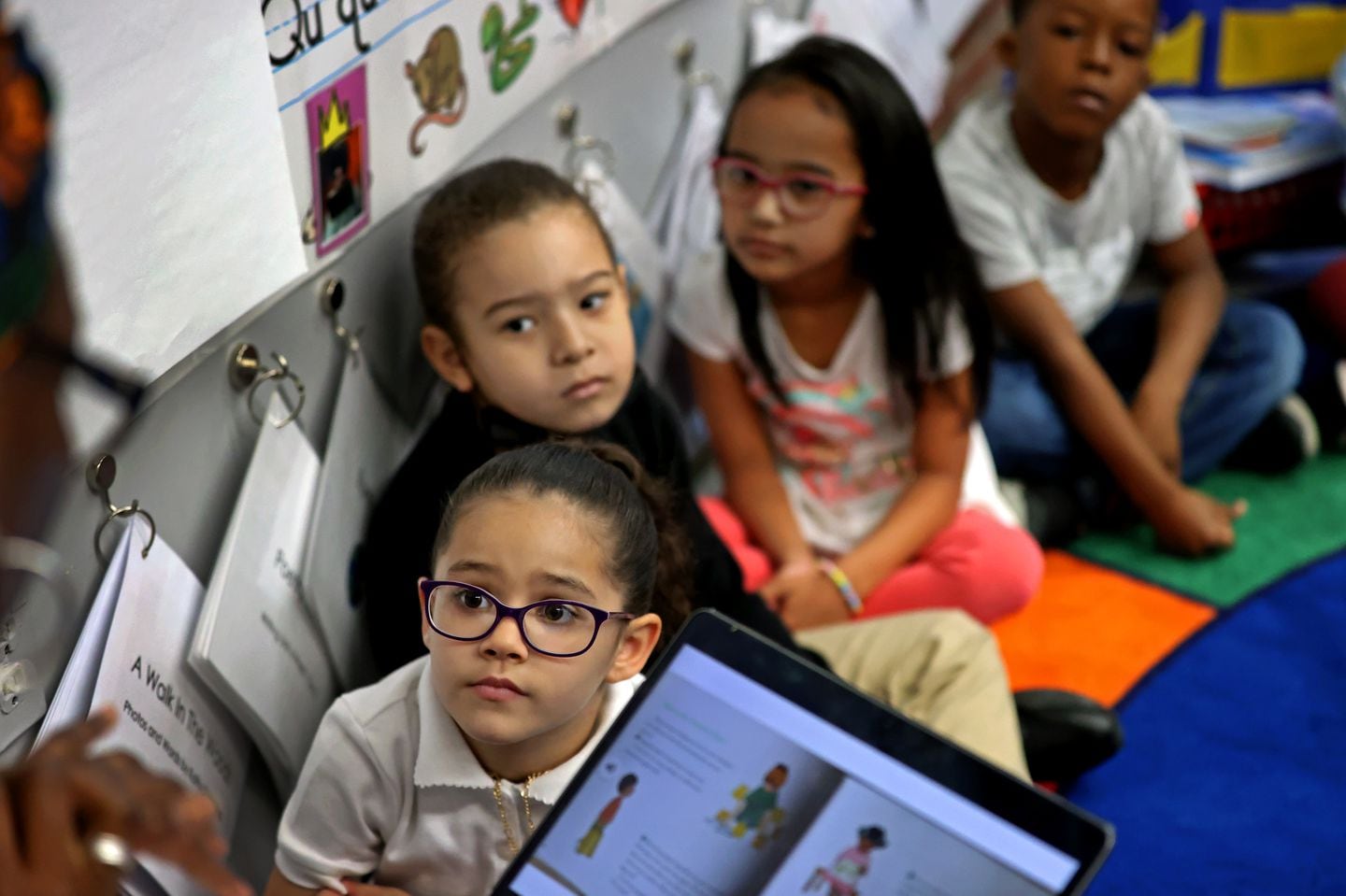 Students listened to their K-2 teacher Jemma Joseph at the Trotter Elementary School in Boston on May 23, 2023.