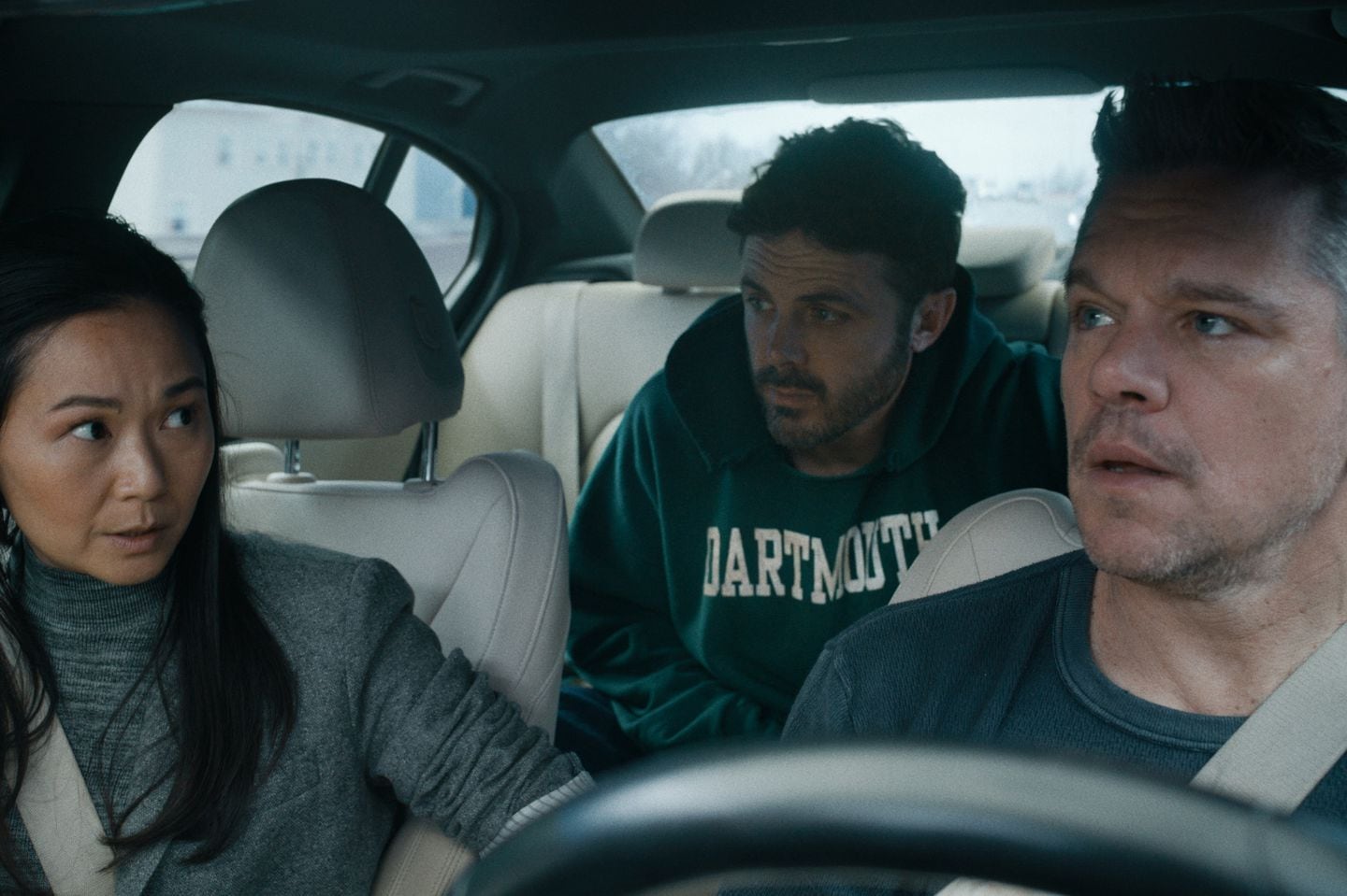 From left: Hong Chau, Casey Affleck, and Matt Damon in "The Instigators."