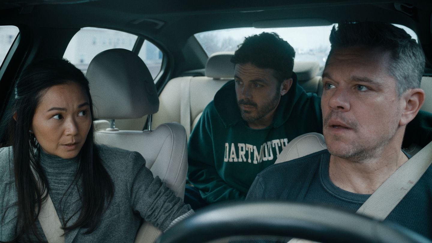 From left: Hong Chau, Casey Affleck, and Matt Damon in "The Instigators."