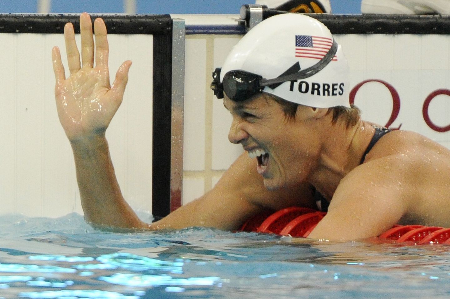 Dara Torres reacts after placing second in the women's 50-meter freestyle at the Beijing 2008 Olympics.