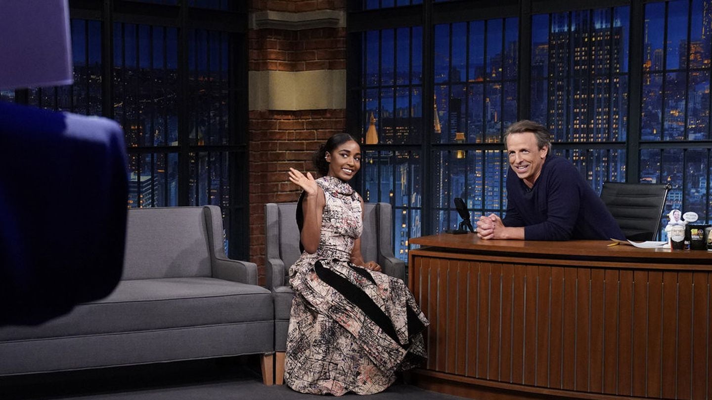 From left: Ayo Edebiri during an interview with host Seth Meyers on Monday.