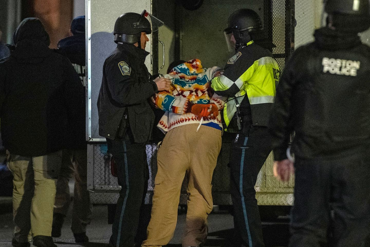 Police arrest pro-Palestinian demonstrators as an Emerson College Palestinian protest camp was cleared in Boston.