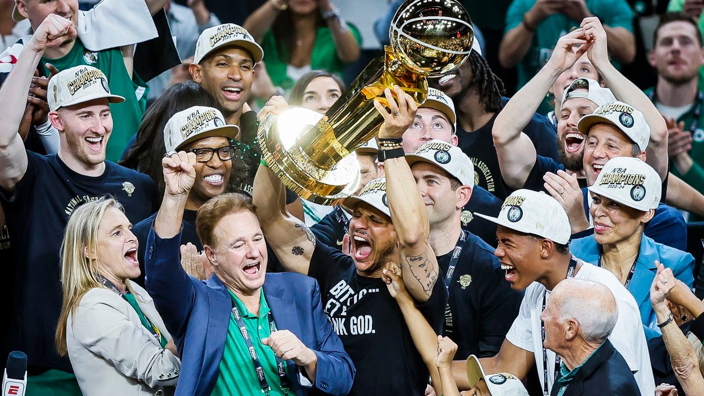 Celtics co-owner Steve Pagliuca celebrated as head coach Joe Mazzulla lifted the Larry O'Brien Championship Trophy after winning the NBA Finals Monday.
