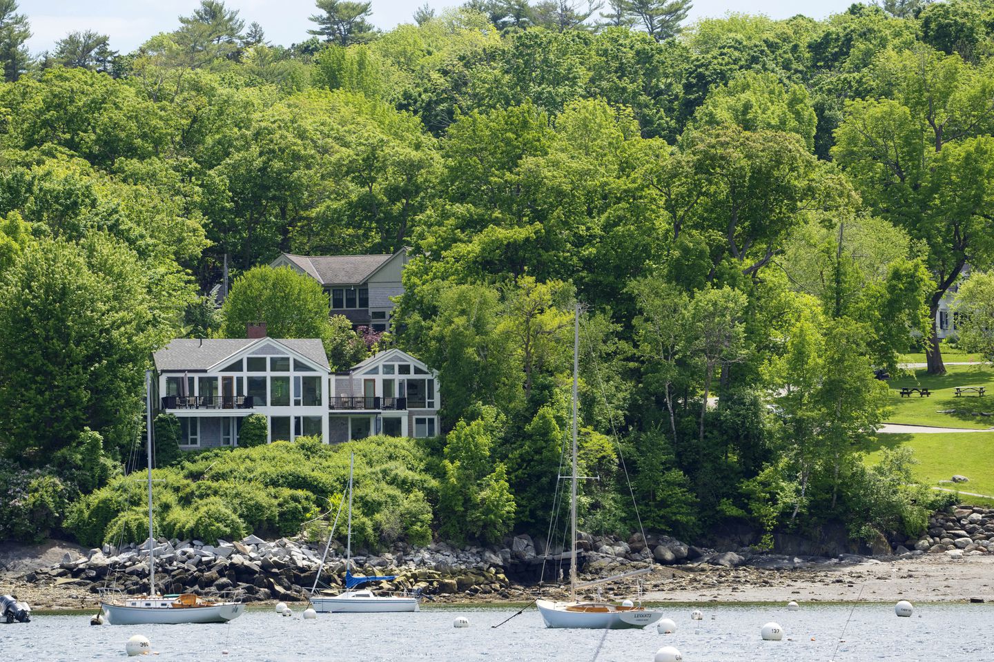 The homes of Lisa Gorman (front) and Amelia and Arthur Bond in Camden, Maine. The Bonds, a wealthy, politically connected Missouri couple, allegedly poisoned their neighbor's trees to secure a view of the harbor.