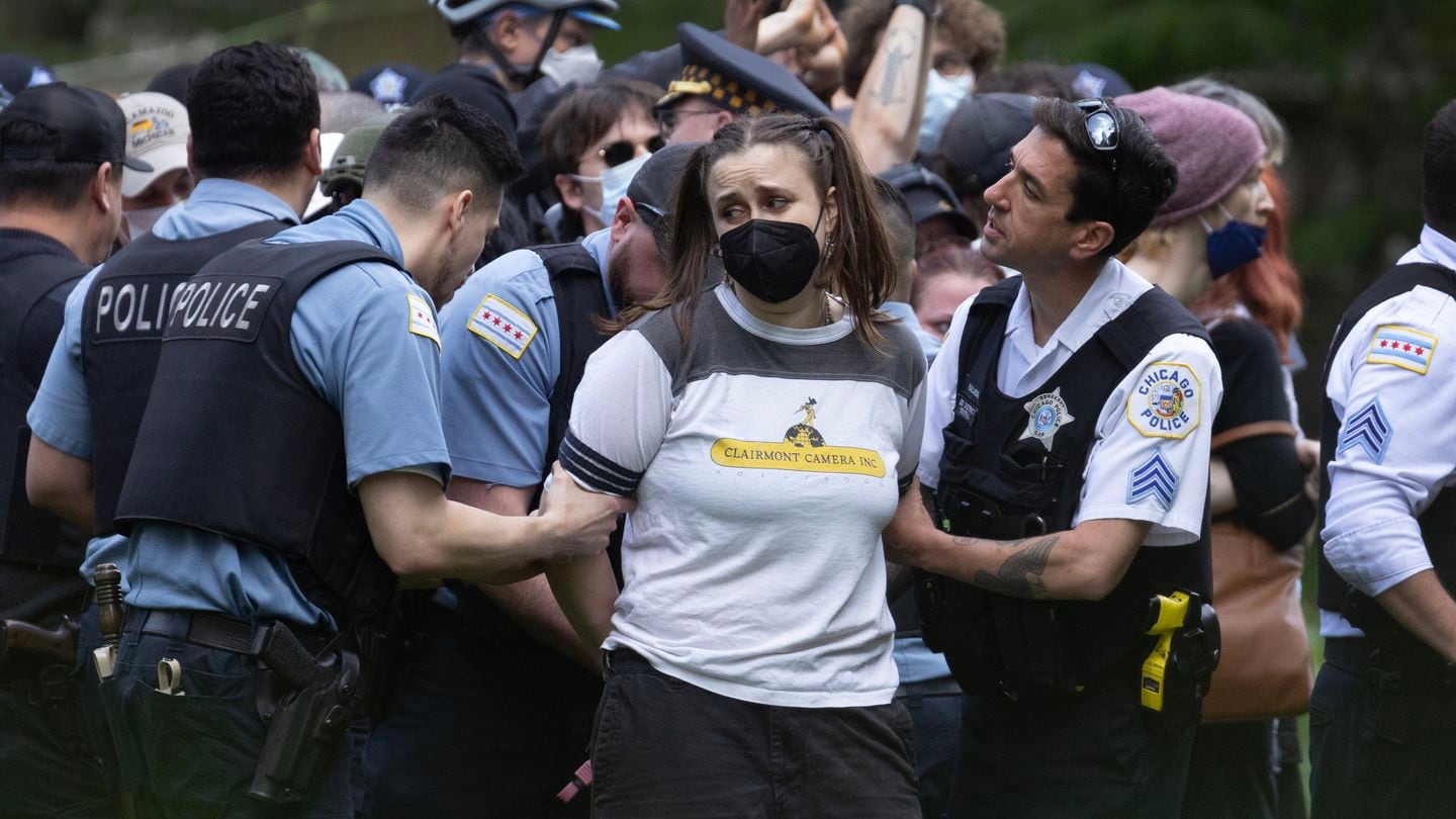 Police took demonstrators into custody on the campus of the Art Institute of Chicago after students established a protest encampment on the grounds on May 4, in Chicago.