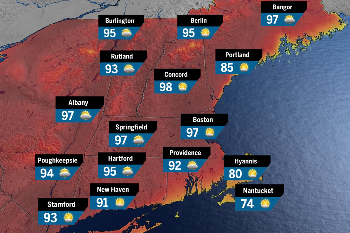 Forecast high temperatures for Wednesday in New England.