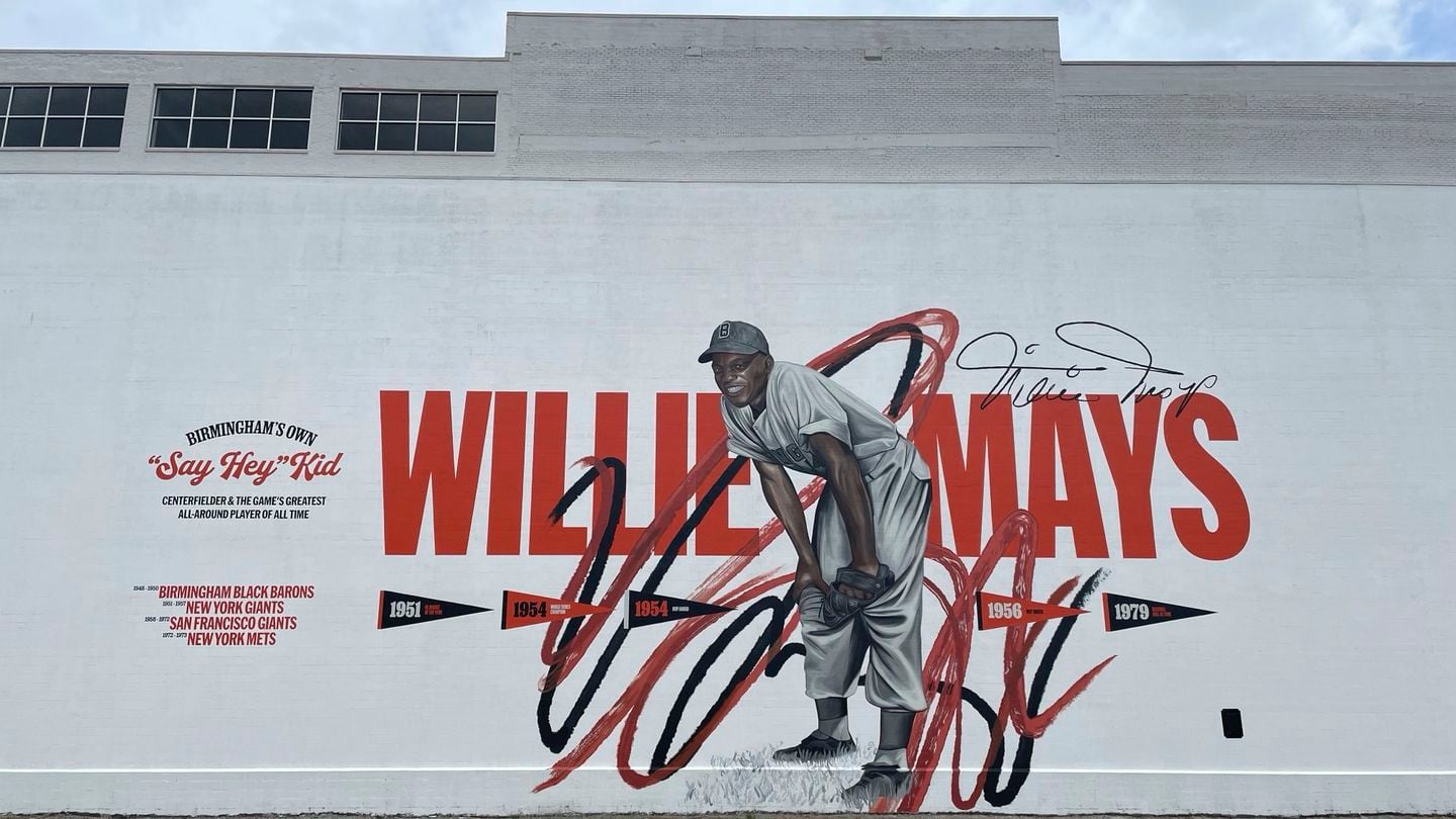 A Willie Mays mural is shown in downtown Birmingham, Ala., Wednesday,The mural was created by artist Chuck Styles and celebrates Mays' contributions to baseball, honoring the longtime Giants center fielder who died Tuesday at age 93.