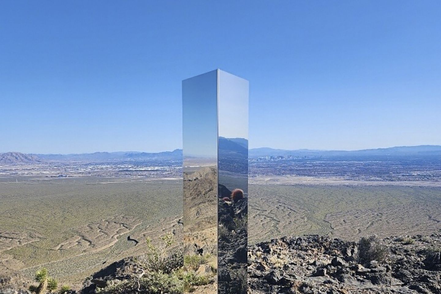 This photo provided by Las Vegas Metropolitan Police Department showed a monolith near Gass Peak, Nevada.