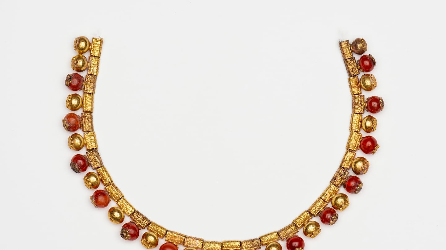 Necklace, 550–450 B.C., gold and carnelian. Classical Department Exchange Fund.