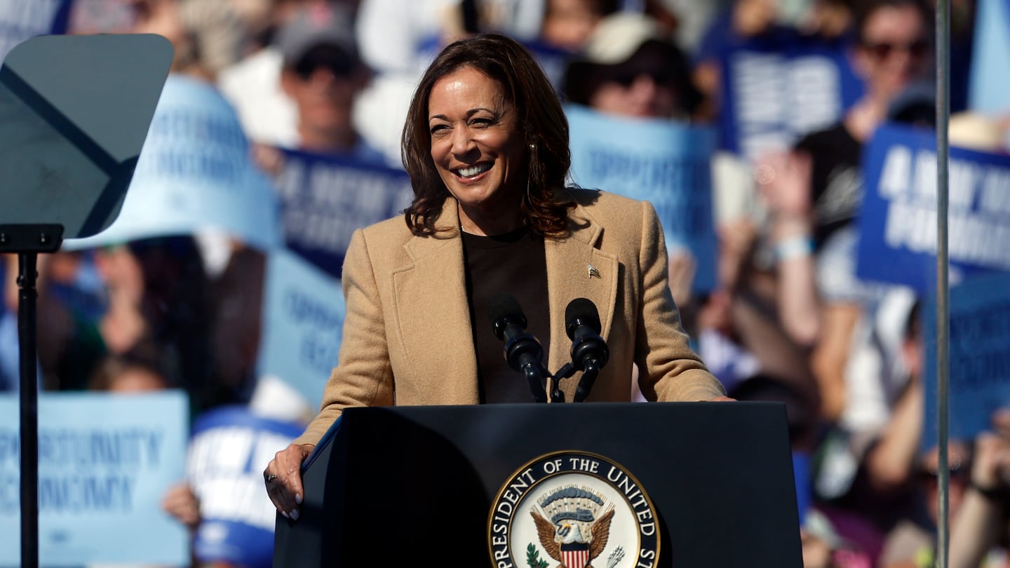 Vice President and Democratic presidential candidate Kamala Harris speaks during a campaign event at Throwback Brewery on Wednesday.