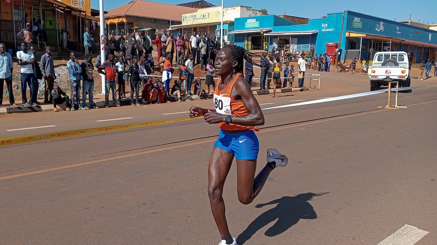 Rebecca Cheptegei competes at the Discovery 10km road race in Kapchorwa, Uganda, Jan. 20, 2023.