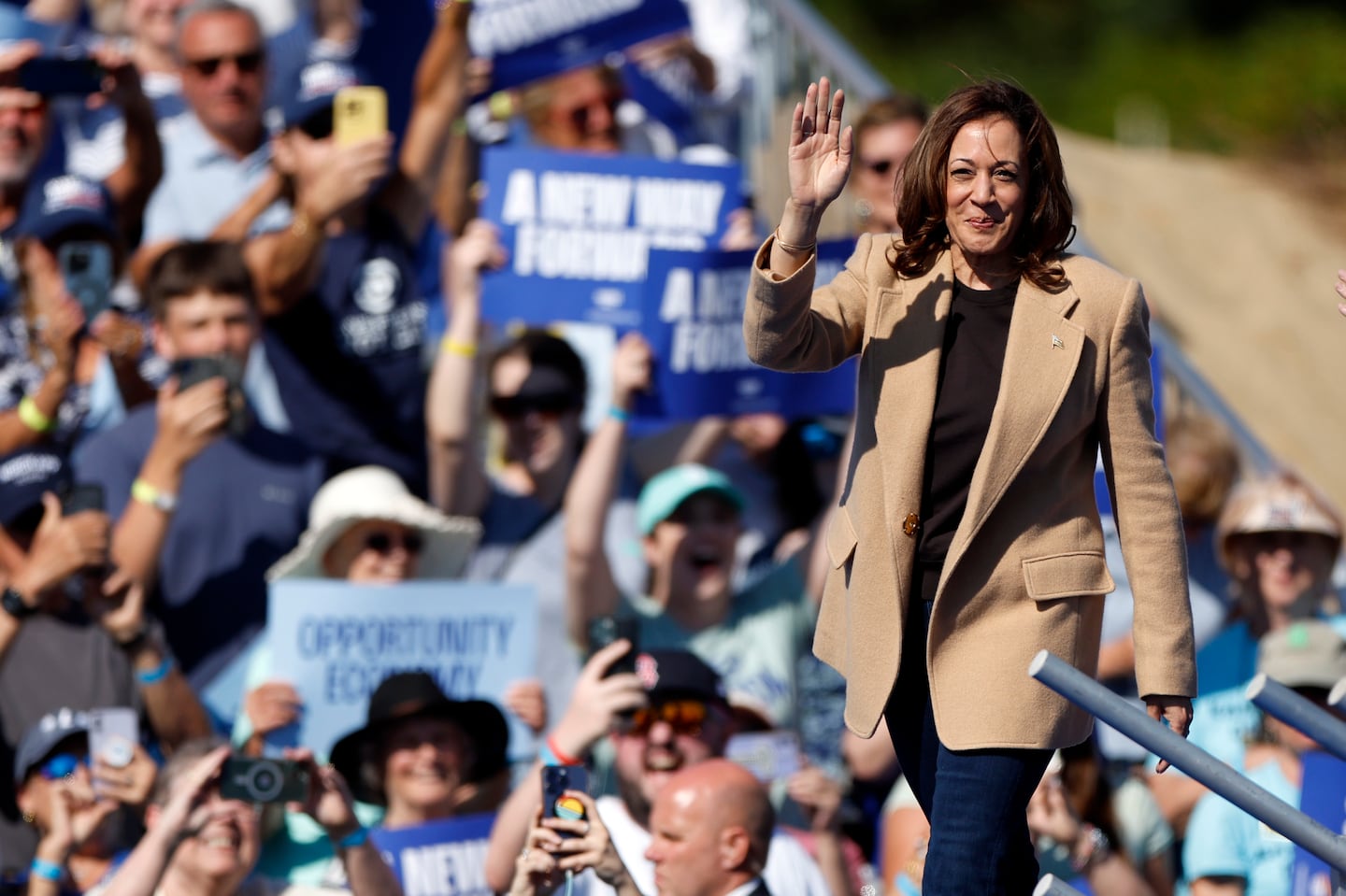 Vice President Kamala Harris walked onto the stage during a campaign event at Throwback Brewery in North Hampton, N.H, on Wednesday.