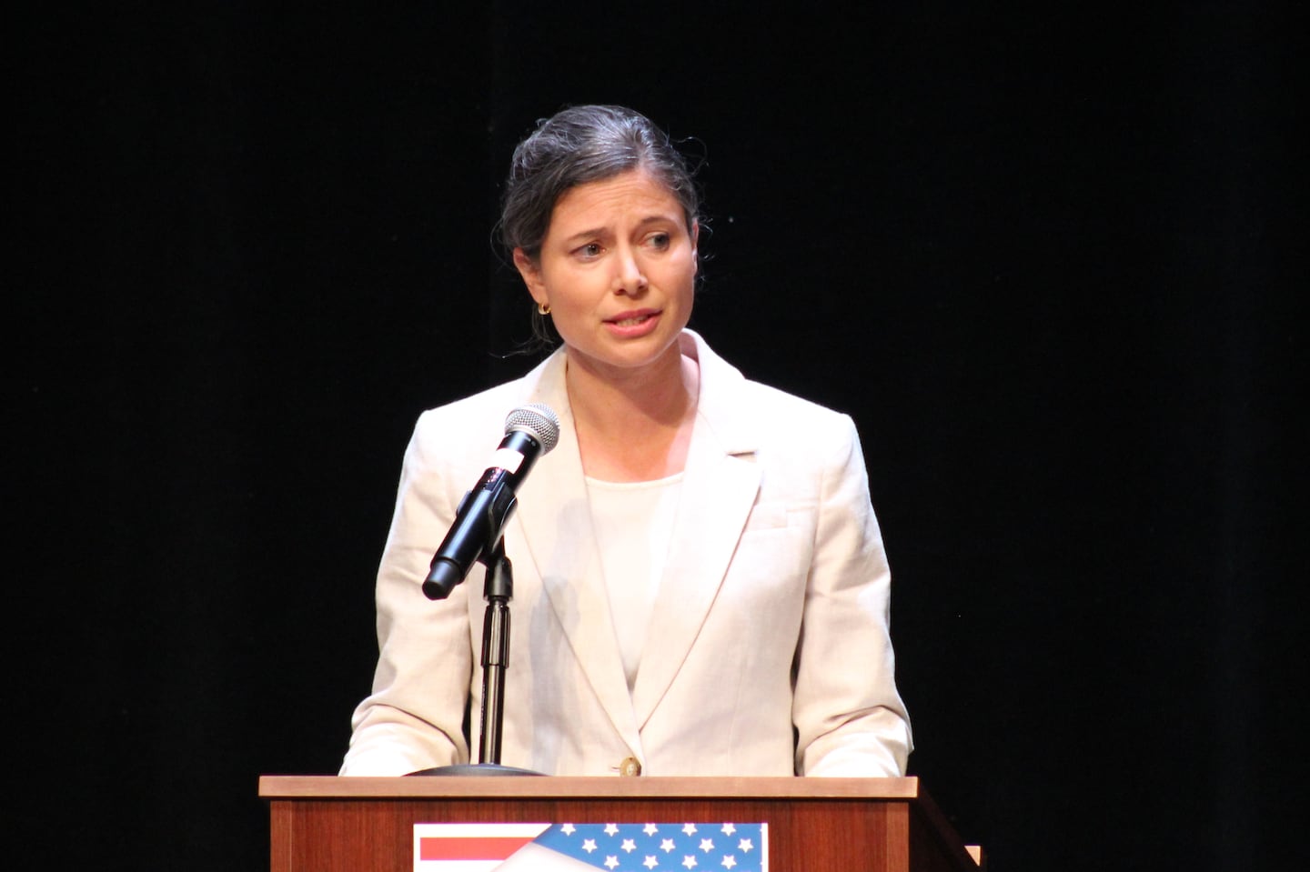 Maggie Goodlander, a former senior White House aide who is running against Colin Van Ostern in the Democratic primary for New Hampshire's 2nd Congressional District, speaks during a debate Wednesday, Sept. 4, 2024, at New England College in Henniker, N.H.