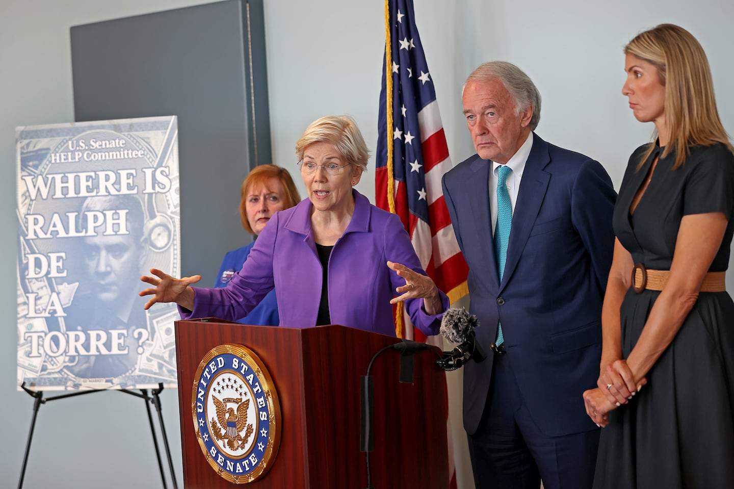 Officials on Thursday held a press conference in Boston to discuss Steward Health Care CEO Ralph de la Torre's refusal to comply with a subpoena to testify in front of a Senate hearing next week. From left: Ellen MacInnis, a nurse at St. Elizabeth's Medical Center; Senator Elizabeth Warren; Senator Edward Markey; and Representative Lori Trahan.