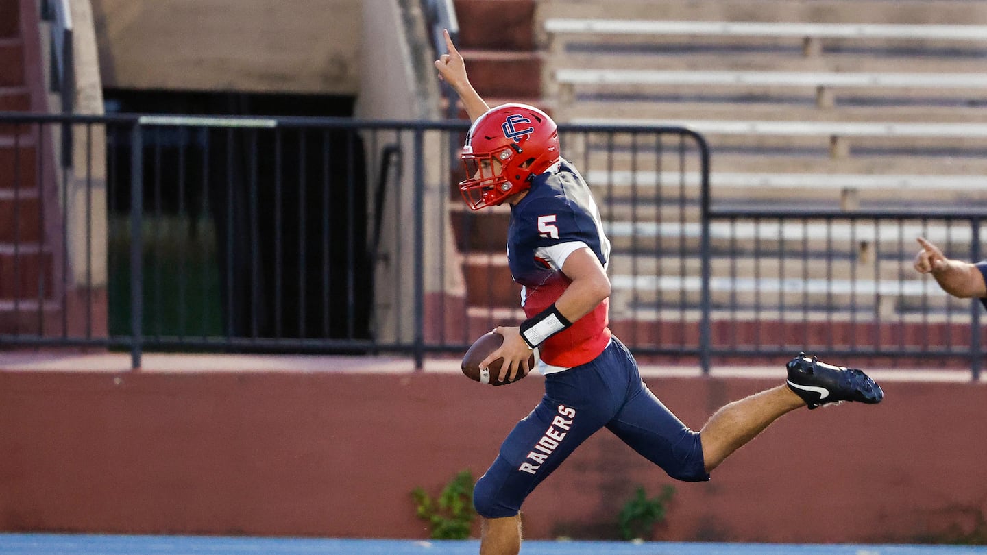 Central Catholic sophomore quarterback Caden Smith celebrates his first of two touchdown runs in a 21-14 nonleague victory over Franklin.