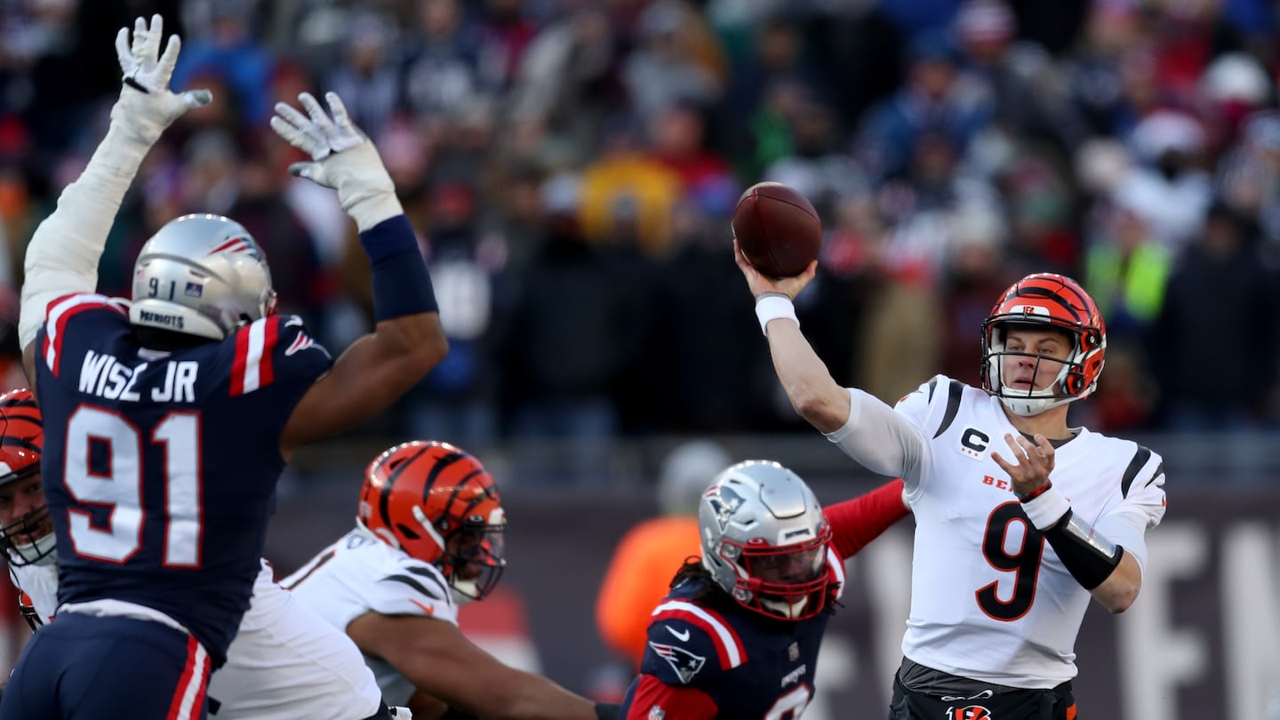 When the Patriots and Bengals met late in the 2022 season, Cincinnati quarterback Joe Burrow completed 40 of 52 passes for 375 yards and three touchdowns, while also throwing a pair of interceptions.