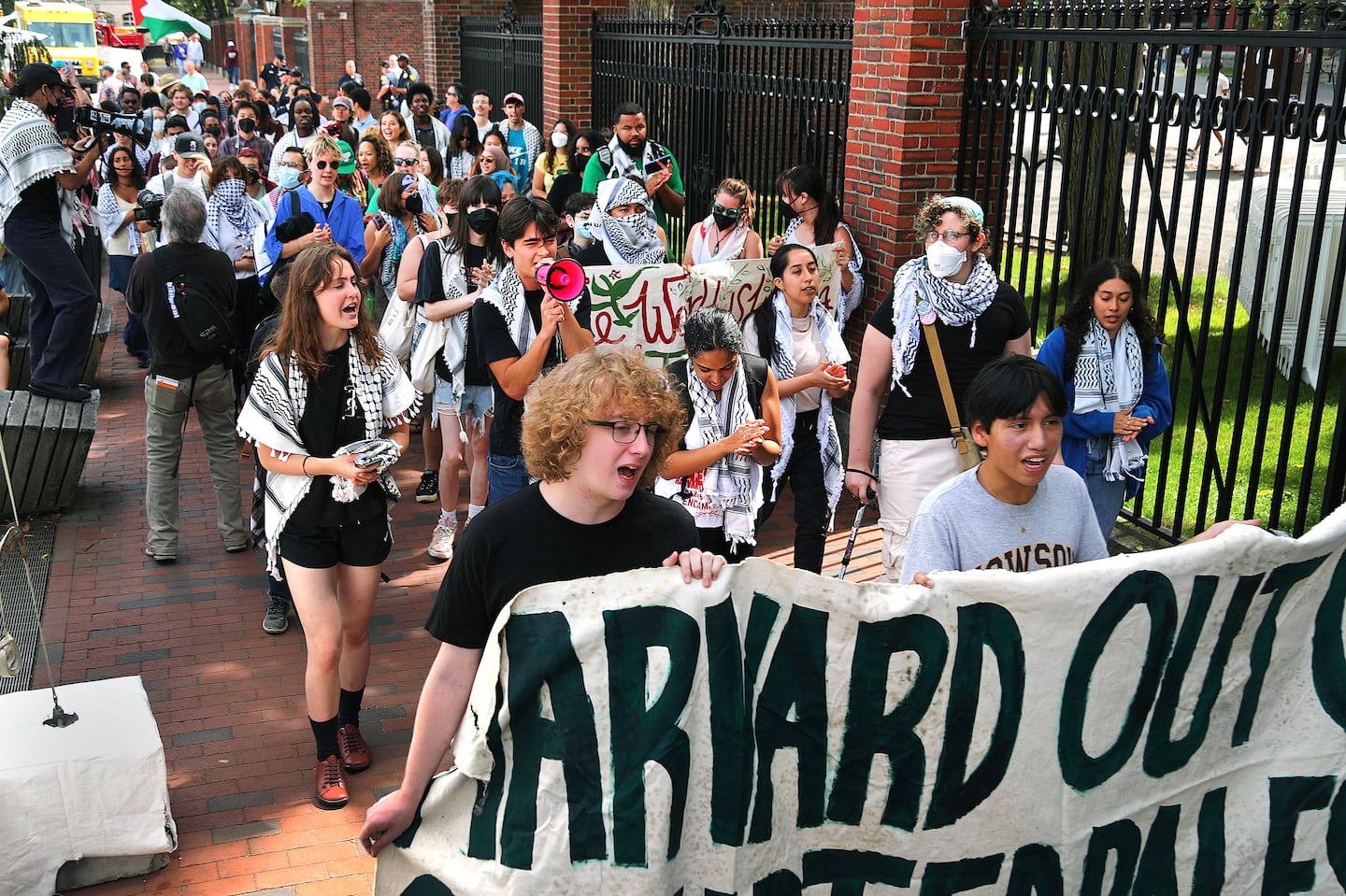 The Pro-Palestinian protest marched past Harvard Yard on the way to Harvard Square on Friday.