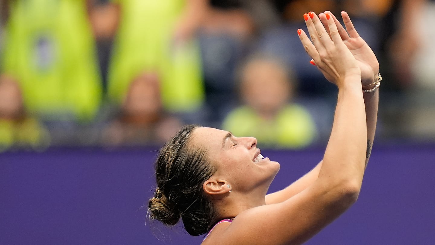 Aryna Sabalenka reacts after defeating Jessica Pegula to win the women's singles final of the US Open.