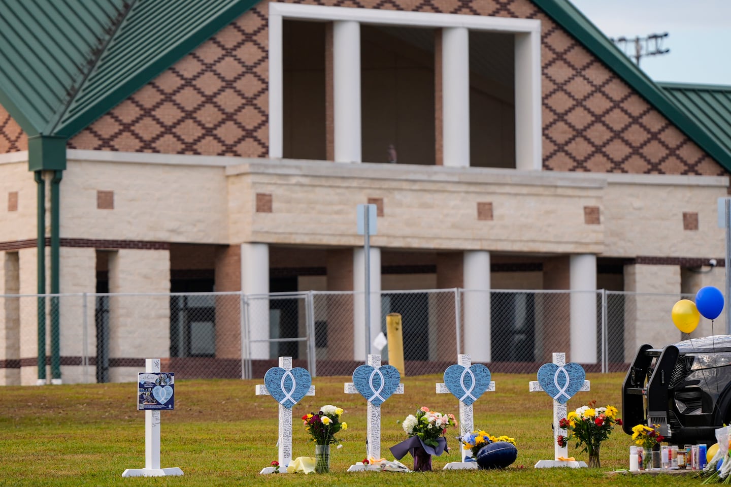 A memorial is seen at Apalachee High School after the Wednesday school shooting in Winder, Ga.