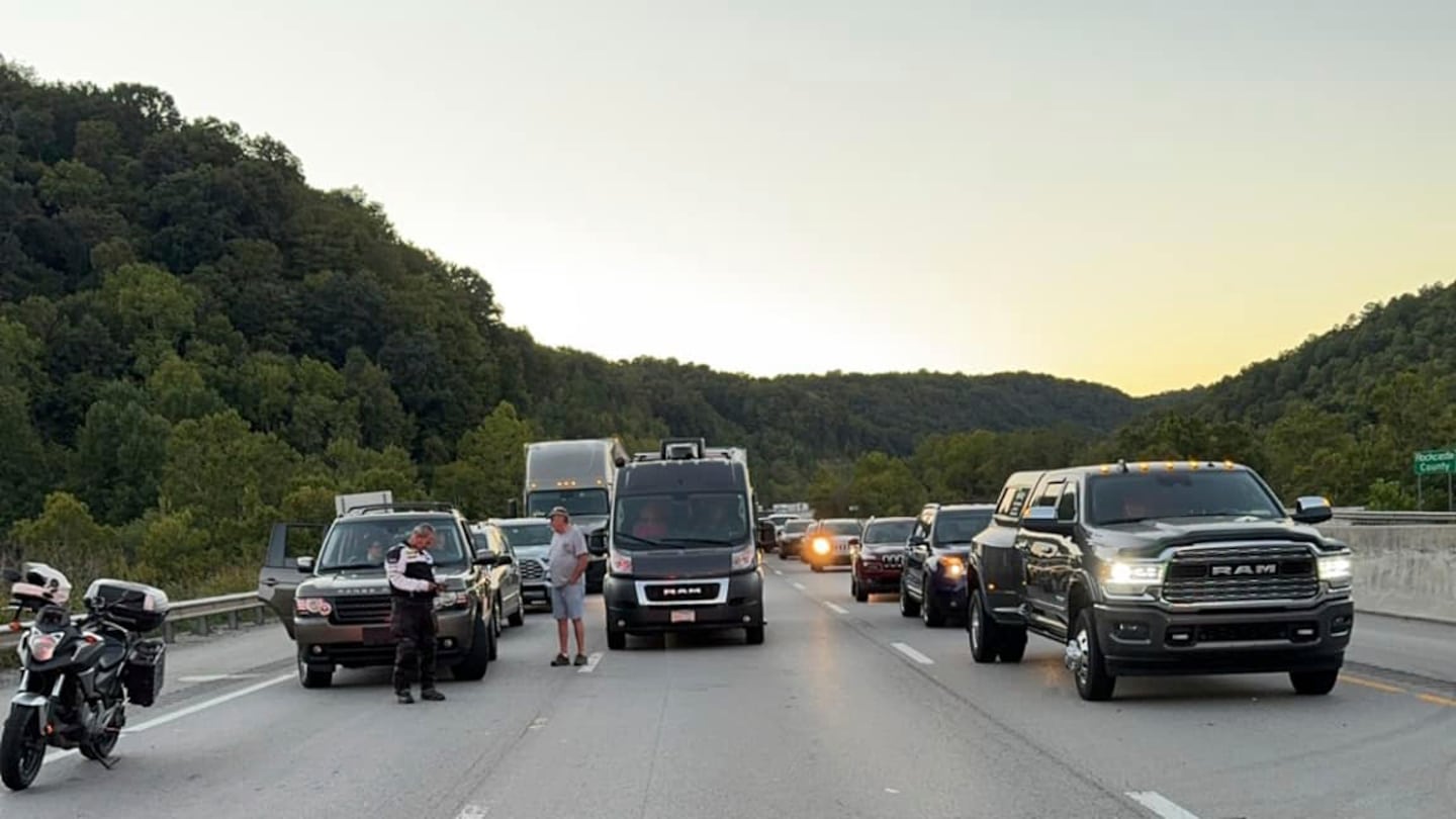 This image released by the Mount Vernon Fire Department shows traffic stopped during an active shooting on Interstate 75 north of London, Ky., Saturday, Sept. 7.