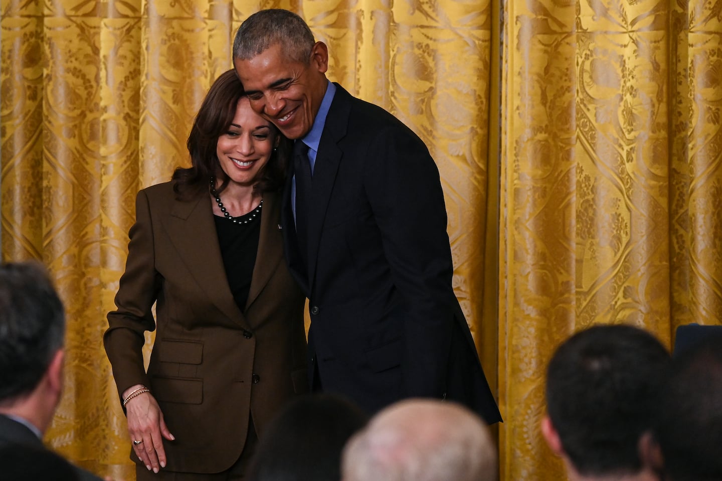 Former president Barack Obama embraced Vice President Kamala Harris during an event commemorating the Affordable Care Act at the White House in Washington on April 5, 2022. Obama endorsed Harris's campaign for the Democratic presidential nomination on July 26.