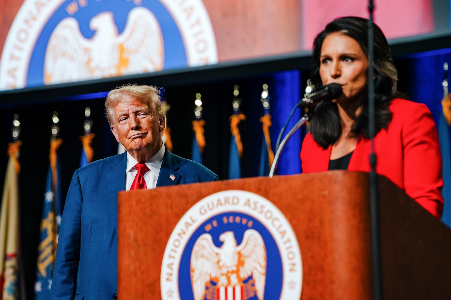 The former president looked on as former US Representative Tulsi Gabbard spoke at the National Guard Association of the United States’ general conference in Detroit on Aug. 26.