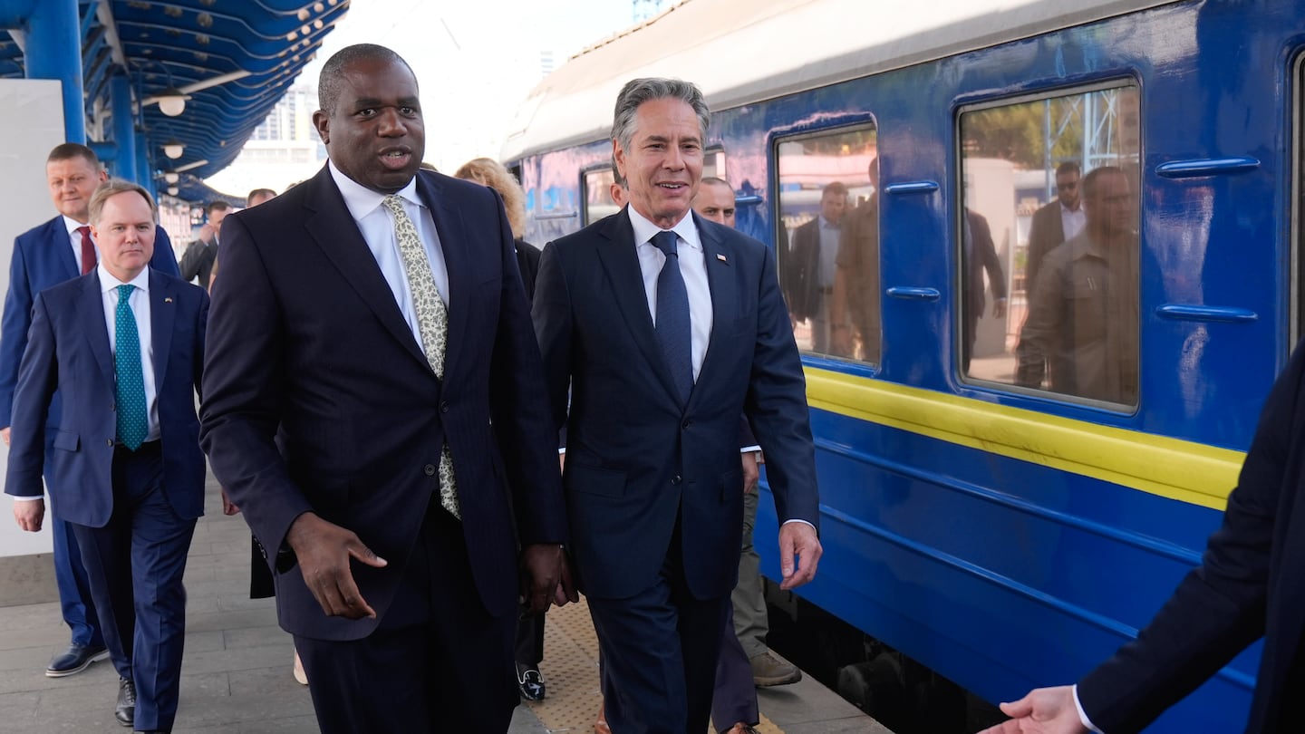 US Secretary of State Antony Blinken and British Foreign Secretary David Lammy arrive at the train station in Kyiv, Ukraine, on Sept. 11.