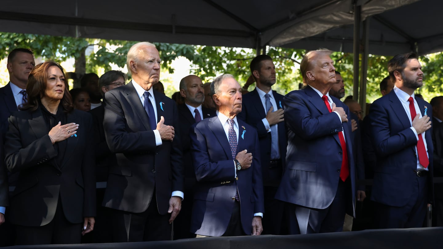 From left, Democratic presidential nominee Vice President Kamala Harris, President Biden, Michael Bloomberg, Republican presidential nominee and former president Donald Trump, and Republican vice presidential nominee Sen. JD Vance, R-Ohio, attend the 9/11 Memorial ceremony on the 23rd anniversary of the Sept. 11, 2001 terror attacks, Wednesday, Sept. 11, 2024, in New York.