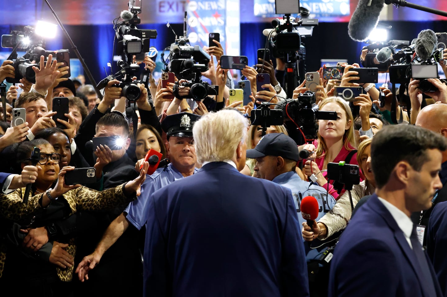 Donald Trump, speaks to reporters in the spin room after debating Democratic presidential nominee, Kamala Harris, at Pennsylvania Convention Center on Sept. 10 in Philadelphia, Pennsylvania.