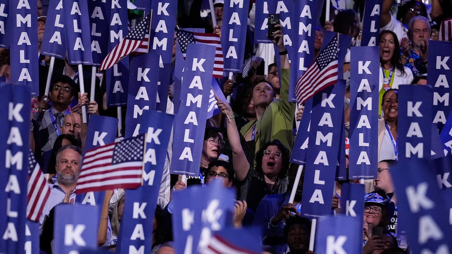 Delegates cheered as Democratic presidential nominee Kamala Harris spoke during the Democratic National Convention on Aug. 22 in Chicago.