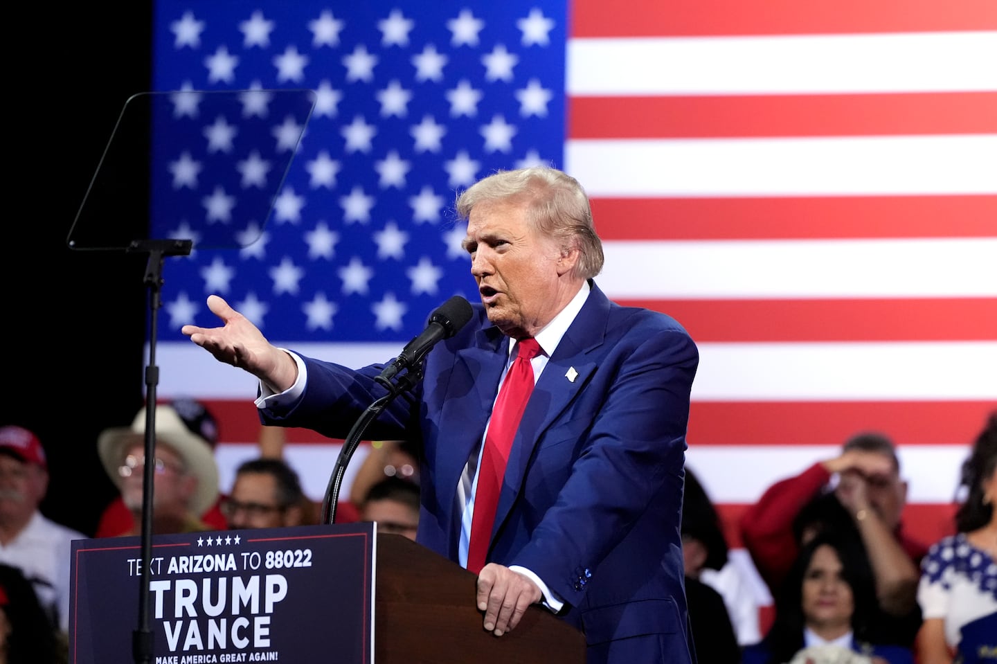 Republican presidential nominee former President Donald Trump speaks during a campaign event at the Linda Ronstadt Music Hall, Thursday, Sept.12, 2024, in Tucson, Ariz.