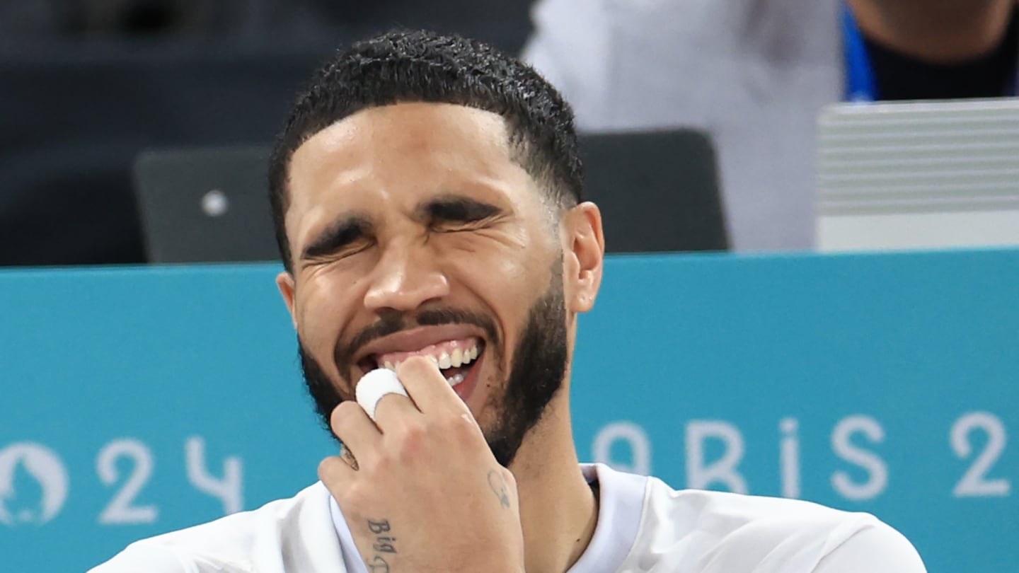 PARIS, FRANCE - AUGUST 06: Jayson Tatum #10 of Team United States reacts on the bench during the Men's Quarterfinal match between Team Brazil and Team USA on day eleven of the Olympic Games Paris 2024 at Bercy Arena on August 6, 2024 in Paris, France.  (Photo by Carmen Mandato/Getty Images)