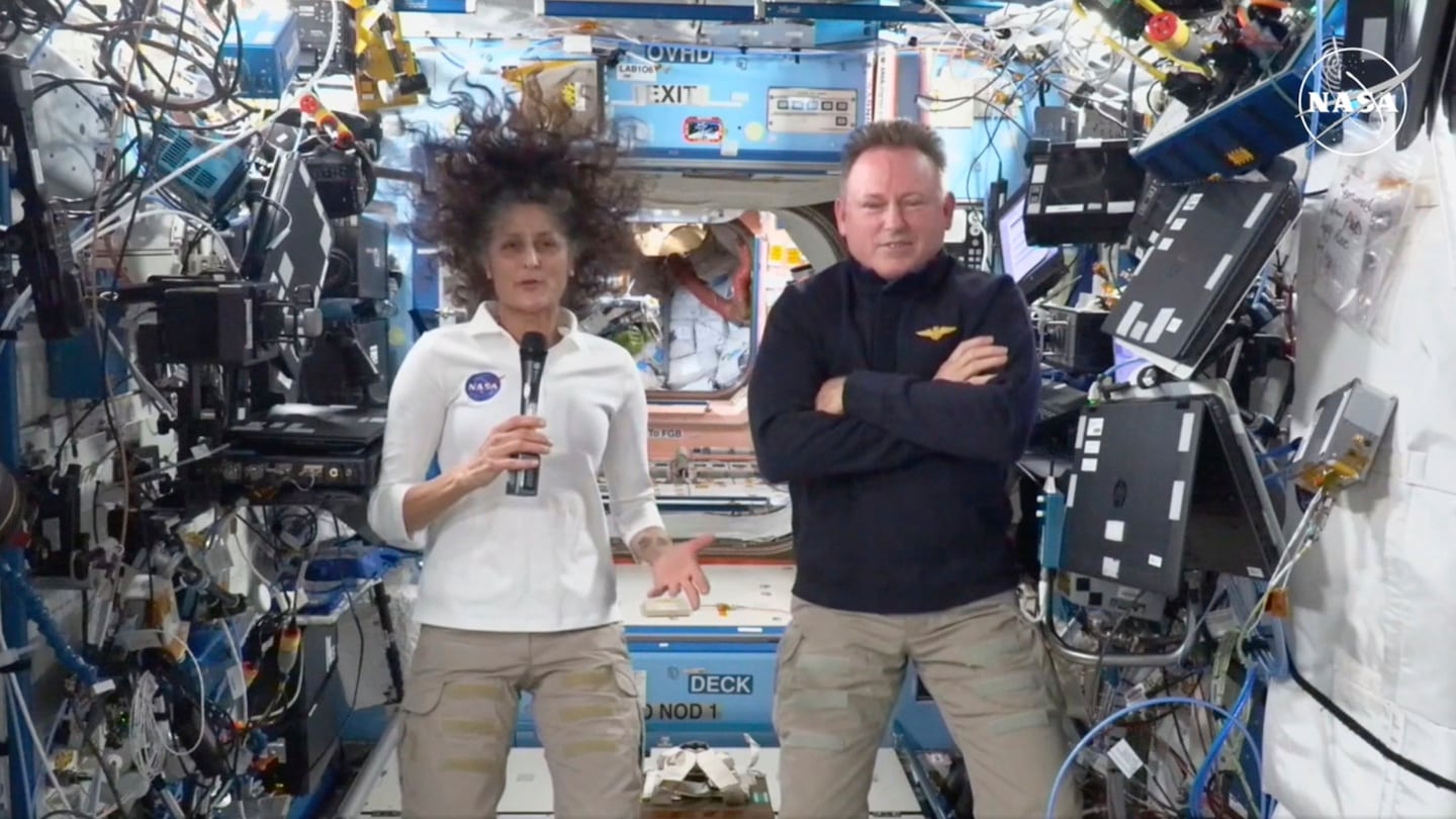 NASA astronauts Suni Williams and Butch Wilmore during a press conference from the International Space Station on Friday.