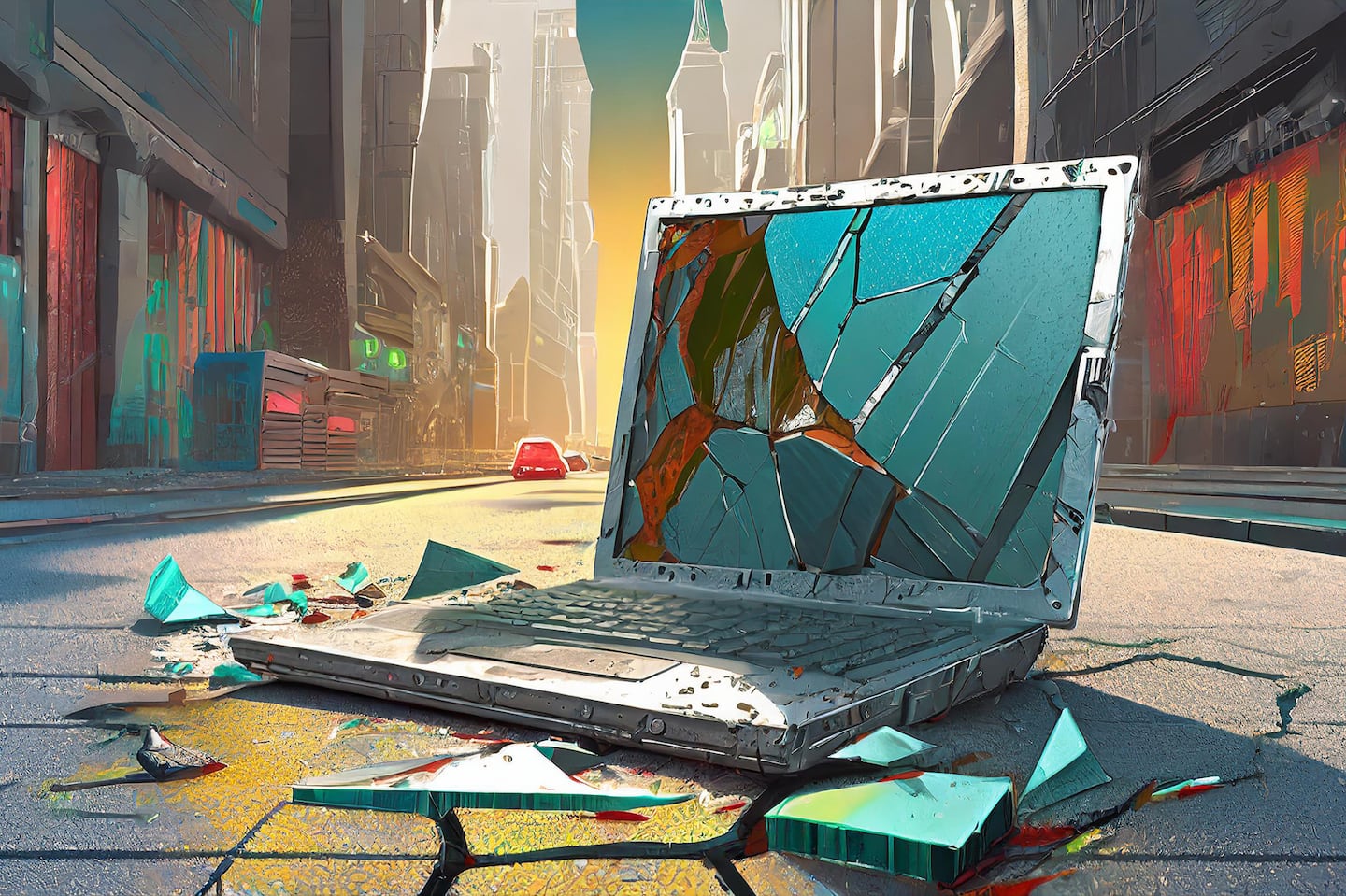 This AI-generated image was created in Adobe Firefly with the prompt "computer, smashed on sidewalk in city, science fiction style."