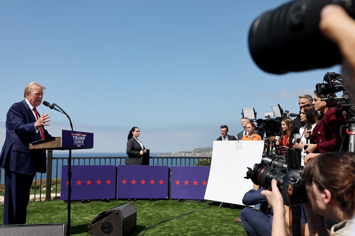 Former president Donald Trump speaks during a press conference at Trump National Golf Club Los Angeles on Sept. 13, 2024 in Rancho Palos Verdes, Calif.