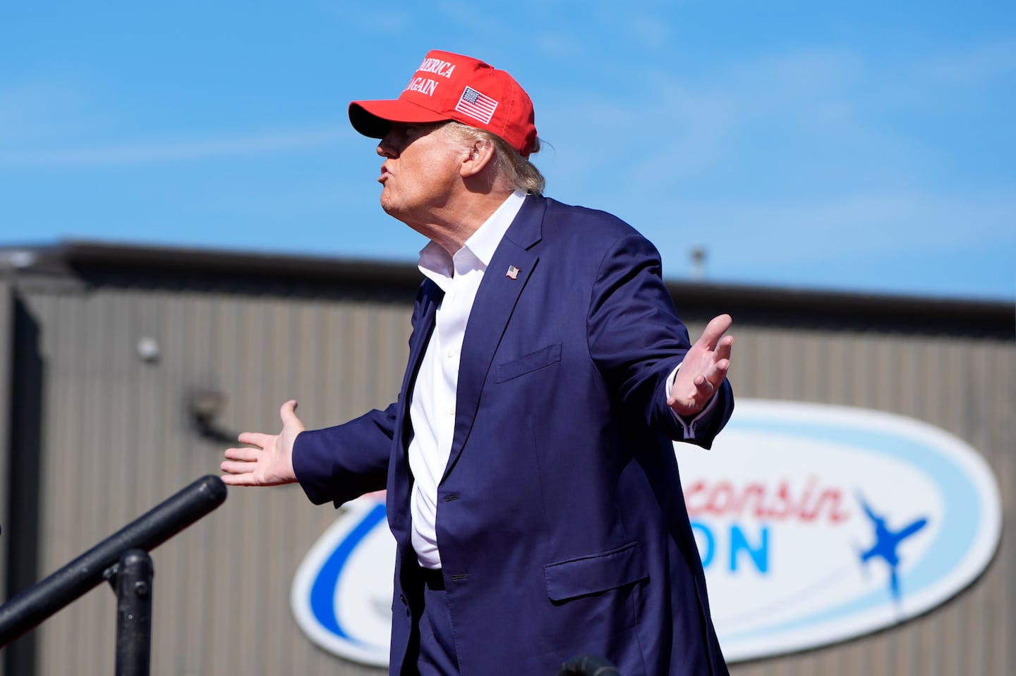 Republican presidential nominee and former president Donald Trump departed a campaign event at Central Wisconsin Airport on Sept. 7 in Mosinee, Wis.