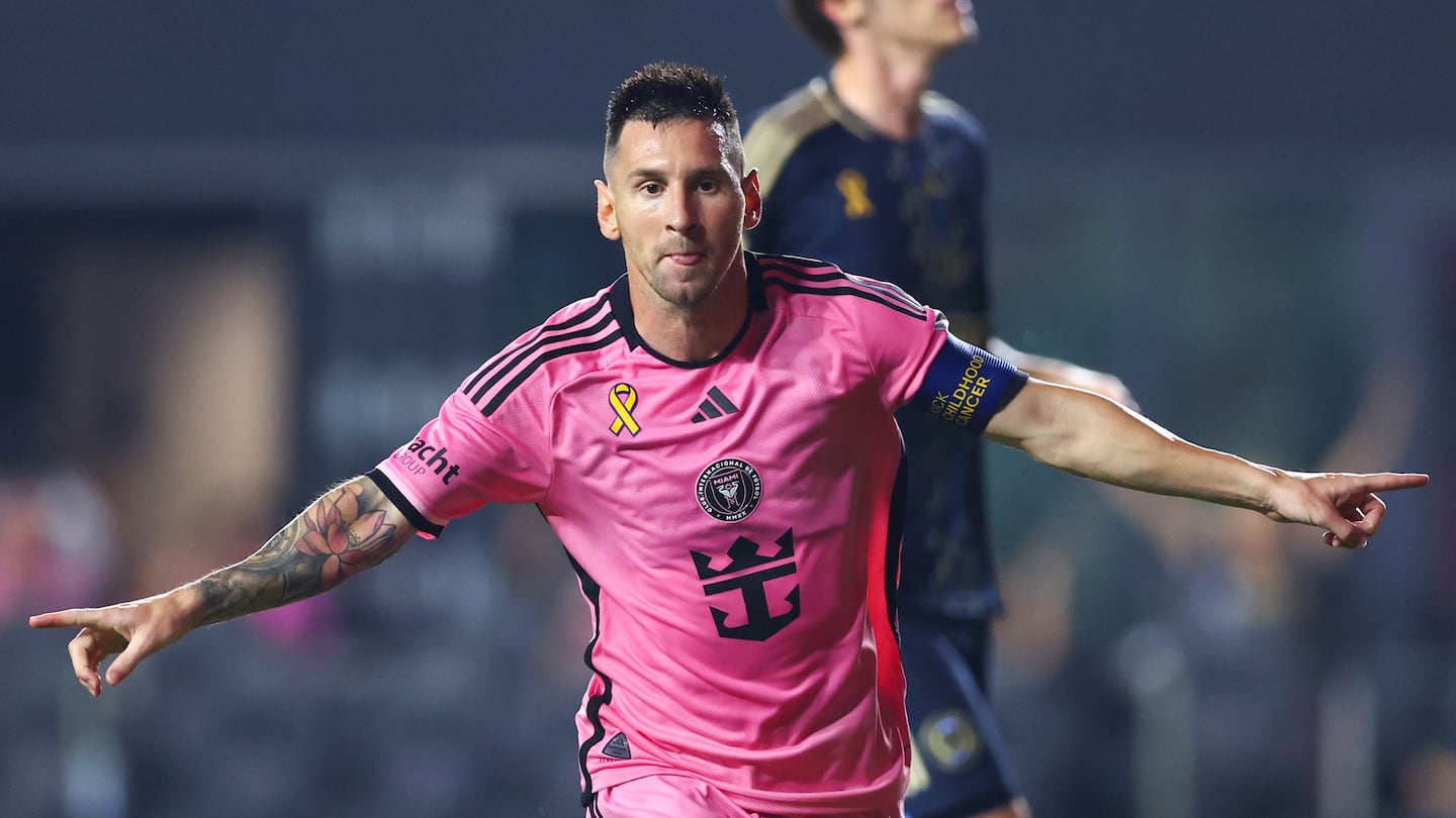 Inter Miami's Lionel Messi celebrates one of his two first-half strikes as the Argentine legend returned to the lineup and led Miami to a 3-1 win over the Philadelphia Union Saturday night in Fort Lauderdale, Fla.