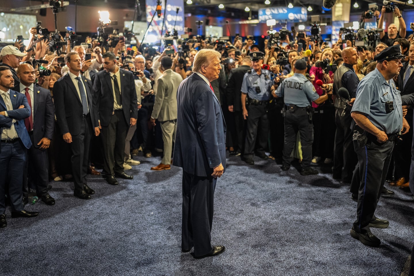 Donald Trump spoke to reporters in the spin room following the debate Tuesday in Philadelphia.