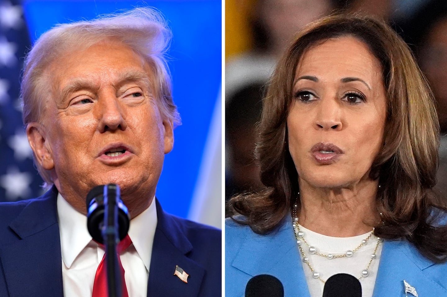 Republican presidential nominee former president Donald Trump, left, and Democratic presidential nominee Vice President Kamala Harris.