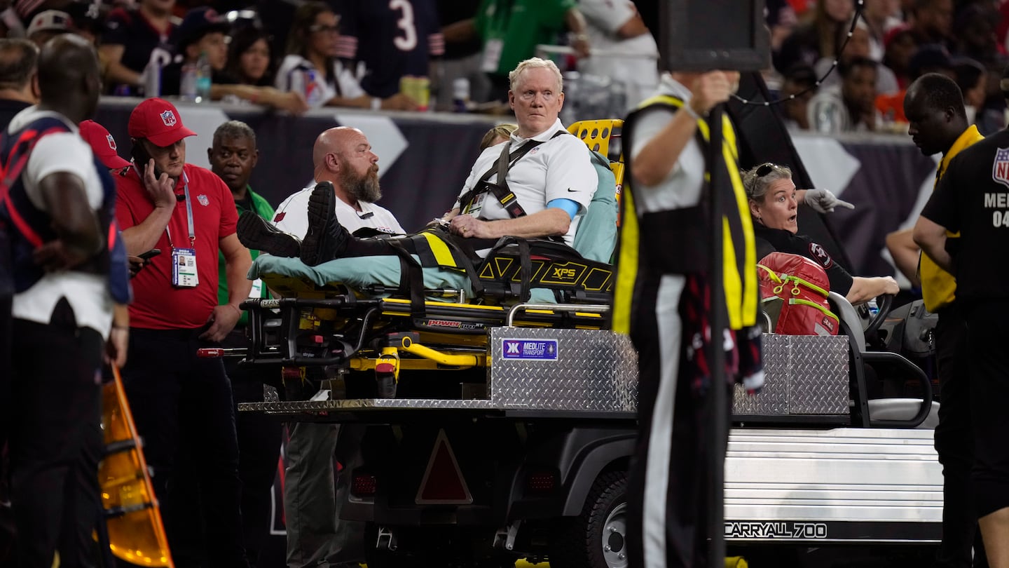 A member of the sideline chain crew was taken off the field on a cart after being injured.