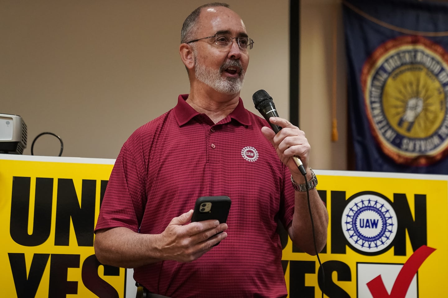 United Auto Workers president Shawn Fain spoke on April 19 in Chattanooga, Tenn., where Volkswagen employees won the right to form a union.